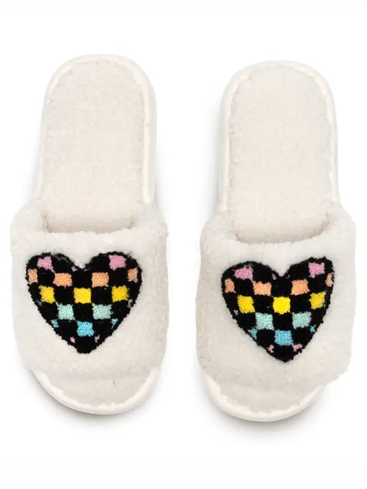 Open Toe Heart Checkered Slippers